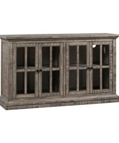 Crestview Collection Hawthorne Estate 4-Door Windowpane Sideboard with a Rustic Driftwood Finish, 62 x 18 x 36 in., CVFVR8049