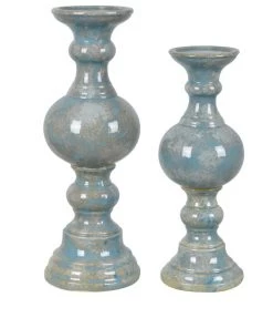 Crestview Collection Barrett Blue Ceramic Candleholder, Set of 2