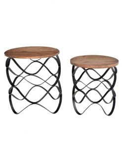 Crestview Collection Bengal Manor Set of Wavy Iron Round Accent Tables with Wood Top, CVFNR403