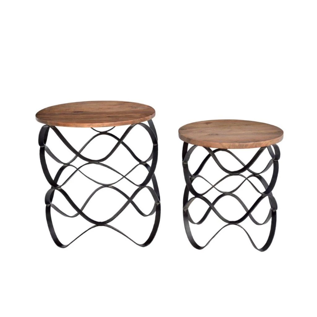 Crestview Collection Bengal Manor Set of Wavy Iron Round Accent Tables with Wood Top, CVFNR403 3 Crestview Collection Bengal Manor Set of Wavy Iron Round Accent Tables with Wood Top, CVFNR403